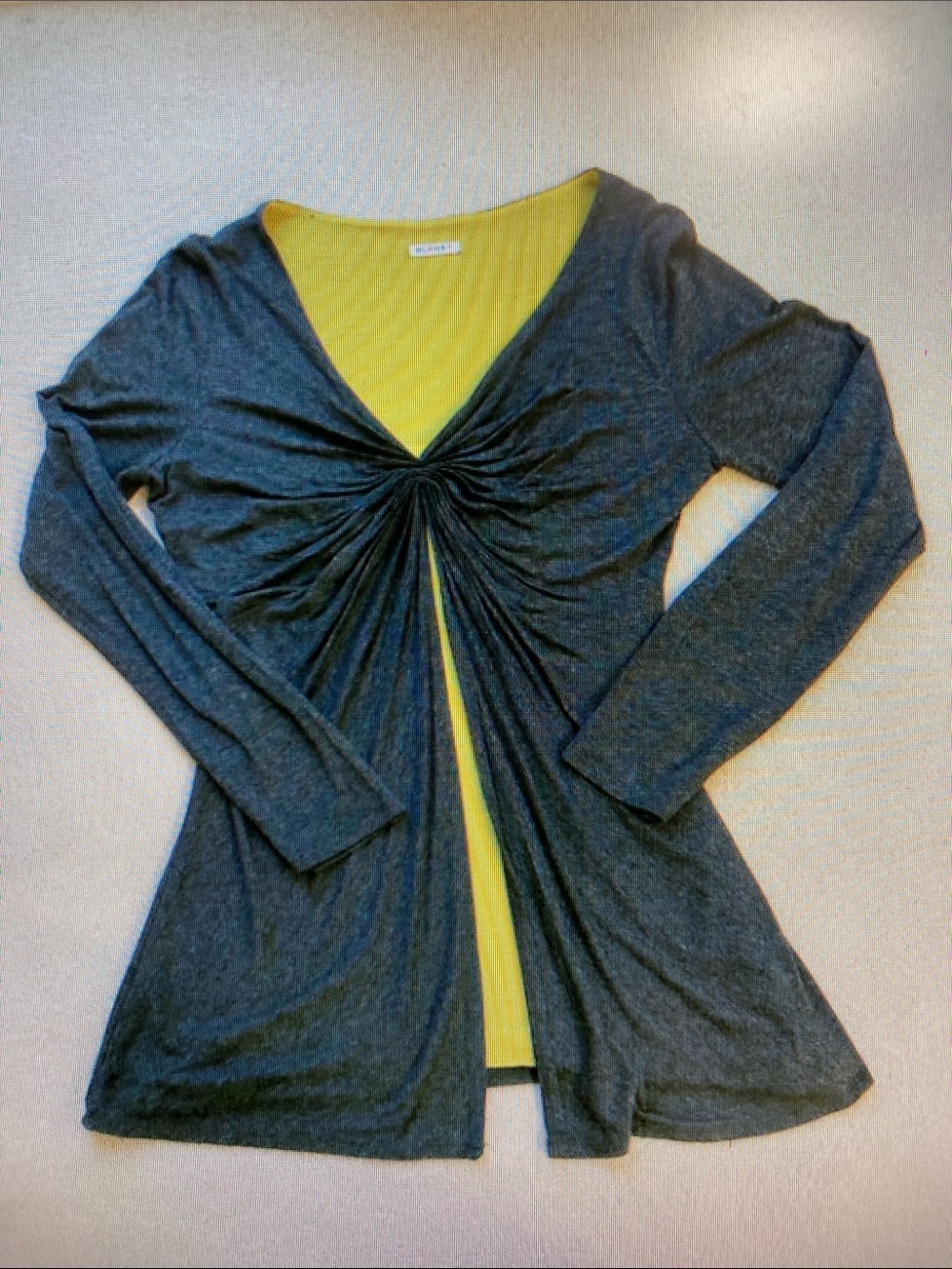 Twist-Front Long Sleeve Tunic in Charcoal with Yellow Accent